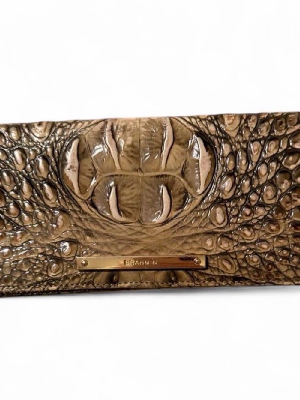 Brahmin Metallic Bronze Grey Green Croc-Embossed Clutch Snap Wallet